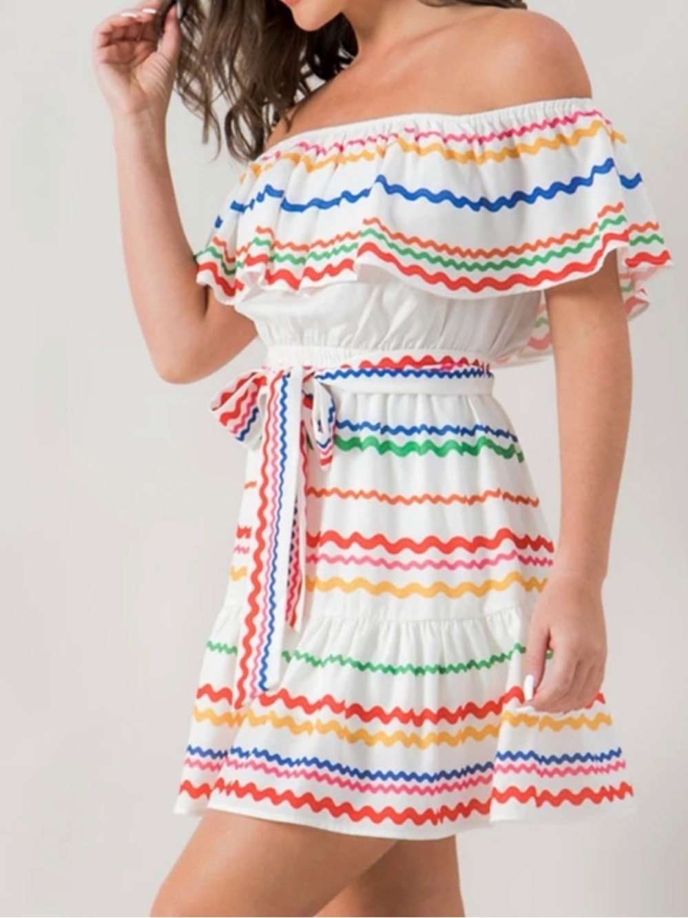 Flying‎ Tomato Off-Shoulder White Sundress with Ric Rac Rainbow Wavy Stripes